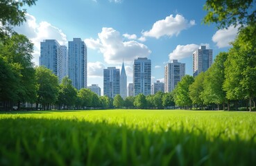 Fototapeta premium Green park with meadow and trees in big city. Modern buildings rise on horizon under blue sky with fluffy clouds. Beautiful scenic summer landscape panorama.