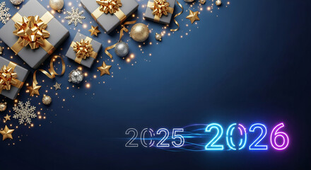 Top view of gift boxes with gold ribbon on blue background, with stars, ornaments, snowflakes. Concept of New Year 2026 celebration, greetings. Free space