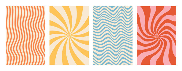 Obraz premium Groovy abstract backgrounds set. Retro 60s 70s swirl and wavy lines wallpapers. Funky twisted psychedelic textures. Y2K aesthetic.