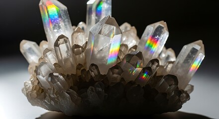 Radiant natural quartz crystal cluster displaying vivid rainbow light refractions, highlighting its purity and captivating geological formation