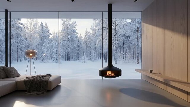 Architectural Winter Retreat Luxury Interior Design Snowy Forest View Suspended Fireplace Cozy Minimalist Living Space