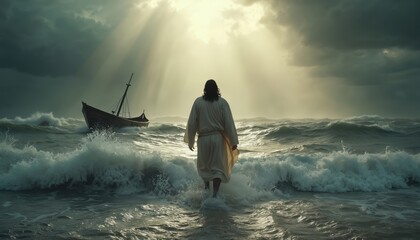 Man walks on water toward boat during sea storm. Religious figure overcomes ocean adversity. Concept shows faith over nature. Rays of light pierce sky. Divine power guides lost ship.