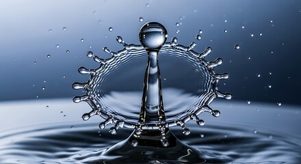 A precise moment captured a water droplet impact creates an intricate crown splash and a perfect rebound, showcasing the beauty of fluid dynamics in motion