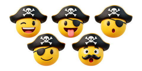 Fototapeta premium Diverse 3D pirate emoticons showcasing a range of funny expressions isolated on transparent background