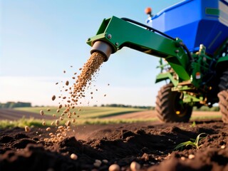 Agricultural machinery dispenses seeds into furrowed soil during field planting operations.