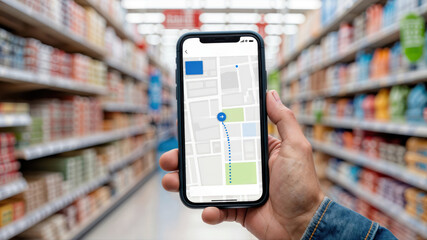Hand holding smartphone displaying indoor navigation map in grocery store aisle. Space for text.