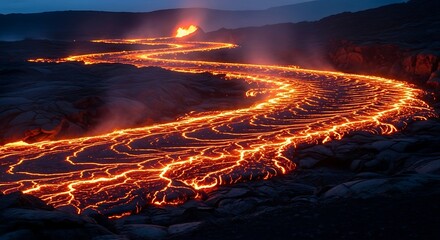 A mesmerizing river of molten lava cascades down a rugged volcanic landscape at night, illustrating the raw power and destructive beauty of Earth's natural geological forces