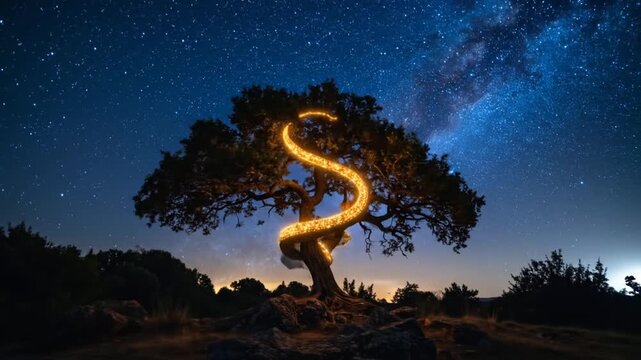 Enchanted Tree: Glowing Serpent Under the Starry Night Sky
