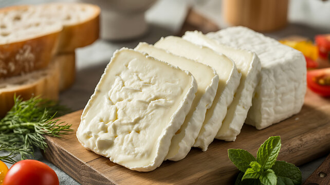 Freshly Sliced Goat Cheese on a Wooden Board with Herbs