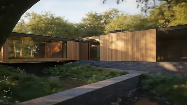 Modern luxury home exterior integrated into lush forest setting Stream flowing in foreground Contemporary nature architecture design