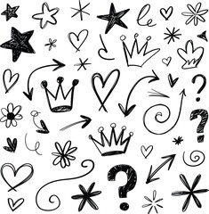 Hand drawn doodle style graphic elements collection on white background