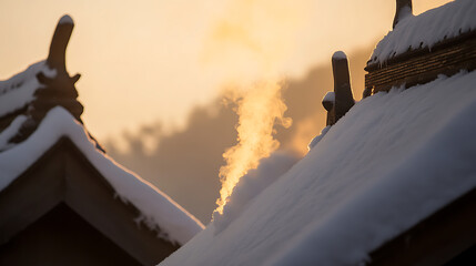 Winter's Embrace: A serene scene captures the essence of winter. Smoke gracefully rises above snow-covered rooftops, illuminated by the warm hues of the setting sun, casting a glow.