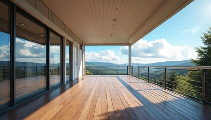 Fototapeta premium Spacious wooden deck with metal railing offers mountain views. Large glass doors reflect blue sky with clouds. A perfect spot for relaxation and enjoying nature beauty from home.