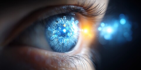 Human eye with virus reflection - Concept of virus, disease and science 