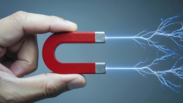 A hand holding a red horseshoe magnet with electricity emanating from its poles against a gray background