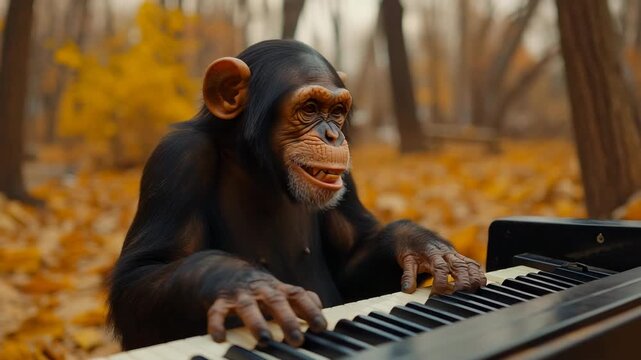 The monkey plays the piano and sings.