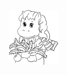 Outline of  horse in a scarf and mittens holds fir branches with Christmas balls and a caramel on a stick. Illustration on a white background