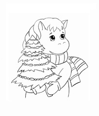 Outline of horse in a scarf and mittens holds a Christmas tree decorated with beads. Illustration on a white background