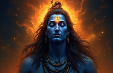 Obraz premium Blue skinned Hindu god Shiva meditates with eyes closed. Third eye on forehead glows with intense orange light. Fiery cosmos backdrop with stars, nebulae. Powerful divine being in deep contemplation.