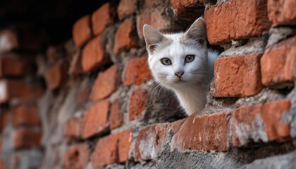 Curious White Cat With Fluffy Fur Peeking From Behind Red Brick Wall In Tbilisi. Portrait Of A Stray Cat On The Street.
