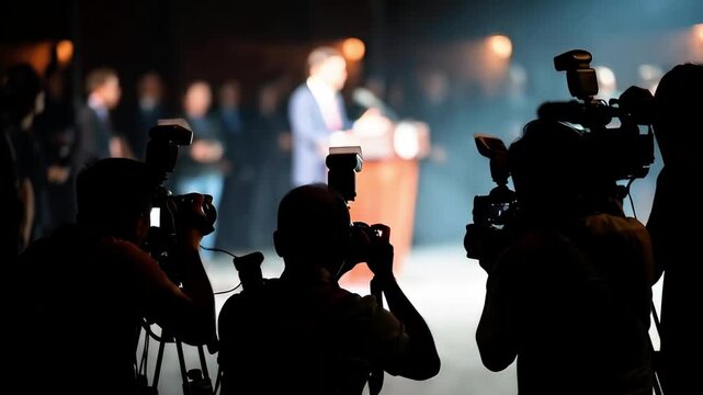 Media journalist camera crew recording a public government politician speech at a press conference news event.