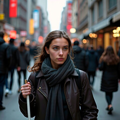 Fototapeta premium Young blind woman holding white cane standing on crowded urban street.