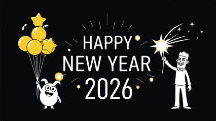 Cute Cartoon People Celebrating New Year 2026