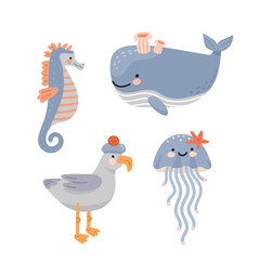 Set of blue cartoon illustrations of sea animals for children's products and books. Flat vector style.