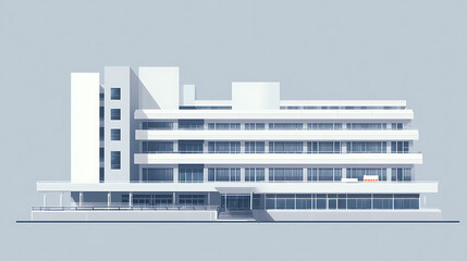 Modern architecture is showcased in this building. Clean lines, pristine white facade, and glass windows create a sophisticated, minimalist aesthetic. The building embodies contemporary design.