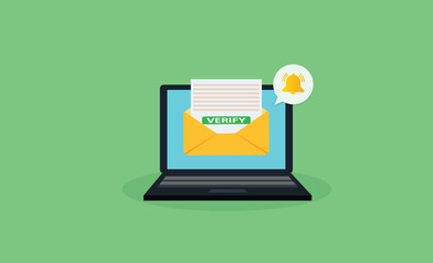 Laptop with a bell notification and verify mail. .Reminder on desktop. New message notification
