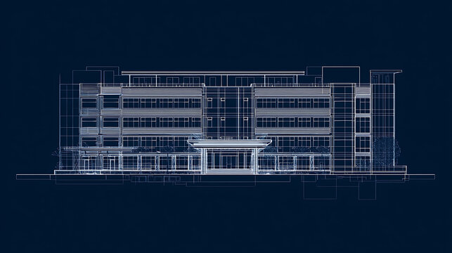 Architectural blueprint of a modern building. The design showcases a multi-story structure, highlighting the building's symmetry and detailing. A vision of precision in every line.
