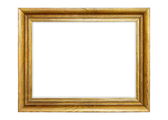 Vintage wooden frame with an aged golden finish isolated on white background