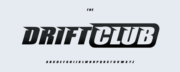 Fototapeta premium Drift Race Font Logo Alphabet Vector High Speed Letters Modern Typography, Bold Condensed Typographic Design Title Text, Typo Poster Headline, Type Symbol Logotype, Sans Serif Fonts. Vector Typeface.