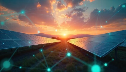 Fototapeta premium Rows of solar panels stand in vast farm field. Sunset colors paint sky with orange, blue, clouds above distant mountains. Glowing digital network lines link clean energy power system. Tech