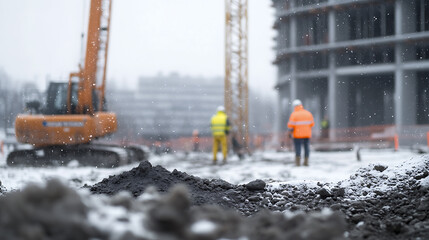 Winter construction scene featuring an excavator and workers. The focus is on a pile of dirt and snow with a blurred background of ongoing construction in a snowy setting.