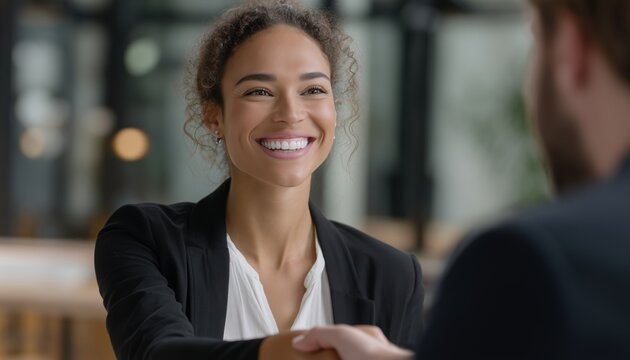 Hr Manager And Mixed Race Client Make Positive Business Agreement Through Handshake, Making Good First Impression. Happy Hiring At Job Interview.