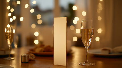 Festive celebration scene with champagne flute and a blank standing card on a polished table under warm lighting. The atmosphere suggests a special event or intimate gathering.
