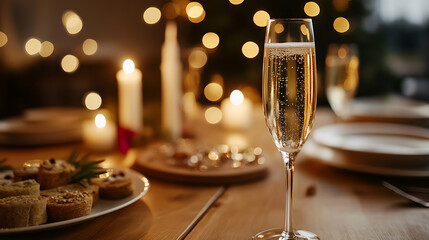 Golden celebration: Sparkling champagne in a flute amidst warm candle lights, with appetizers on a wooden table set for a cozy, festive gathering. Cheers!