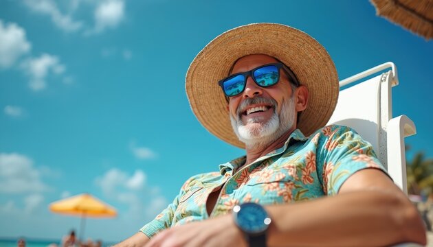 Happy senior man with beard wears straw hat sunglasses sits on beach chair. He smiles enjoys sunny summer day relaxing by the blue ocean water. Tropical vacation vibes. - Powered by Adobe