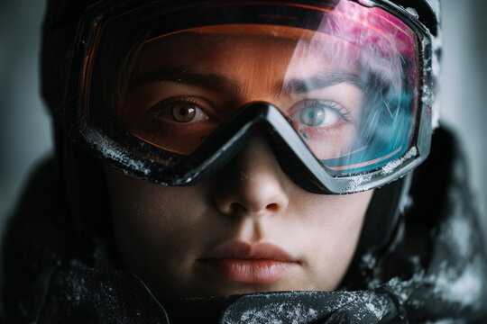 Ausdrucksstarke Winterportr&auml;ts mit Skibrille im Schneefall