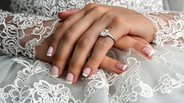 Bridal hands gracefully display a stunning ring with lace details, symbolizing love and joy during a special celebration