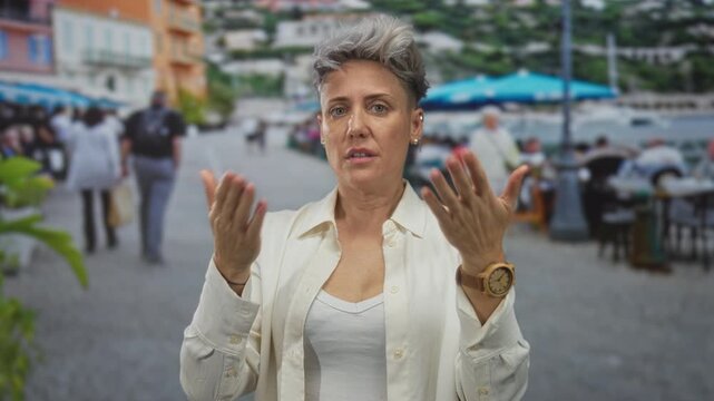 Woman pulls open shirt collar and fans chest to cool down on restaurant terrace outdoors; heat relief.