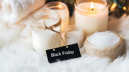 Serene spa scene with bath salts, candles, and a plush towel on a Black Friday promotion. Set the mood for self-care & relaxation. Celebrate soothing indulgence.