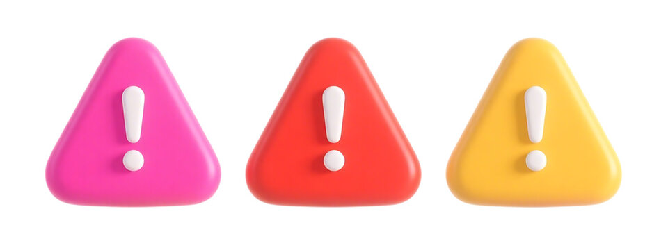 Cute 3D warning signs in vibrant pink red and yellow colors isolated on a transparent background