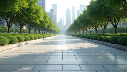 Empty paved parkway leads to modern city skyline with skyscrapers. Symmetrical urban alley with green trees in public park. Clean cityscape view representing sustainable architecture, path to future.