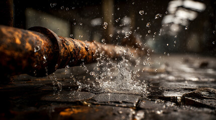 Rusty leaking water pipe in abandoned industrial building: urban decay and infrastructure deterioration