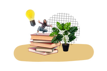 Fototapeta premium Exclusive image artwork photo collage of happy student girl stand book stack light bulb idea finding university education flower pot