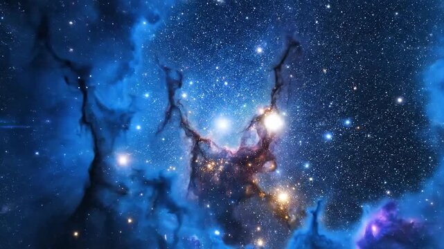 A vibrant nebula with stellar clusters and a vast starfield, bathed in celestial blues and golds