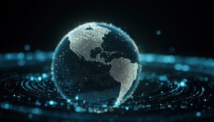 Futuristic Virtual Space Display: Earth Globe Rotating With Glowing Nodes, Connections, And Data Grid For Tech Connectivity And Global Networking.