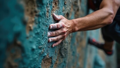 Close up shot of man on rock climbing wall. Sportsman climber hand grips blue rocky cliff. Active extreme sport activity with power strength and effort. Fitness challenge exercise outdoor.